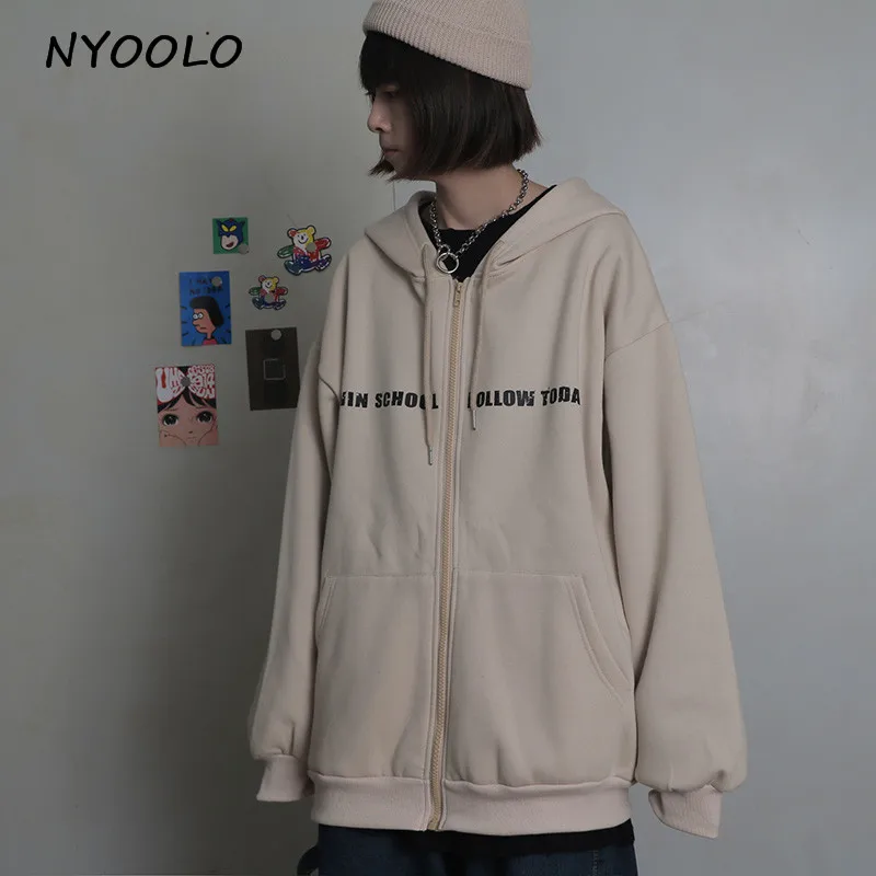 

NYOOLO Classic Simple Letters Print Long Sleeve Plus Velvet Warm Hoodies Women Men Autumn Loose Zipper Hooded Fleece Sweatshirt