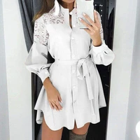 fashion women lace patchwork shirt dress spring autumn long sleeve party miini dresses laides turn down collar lace up dresses