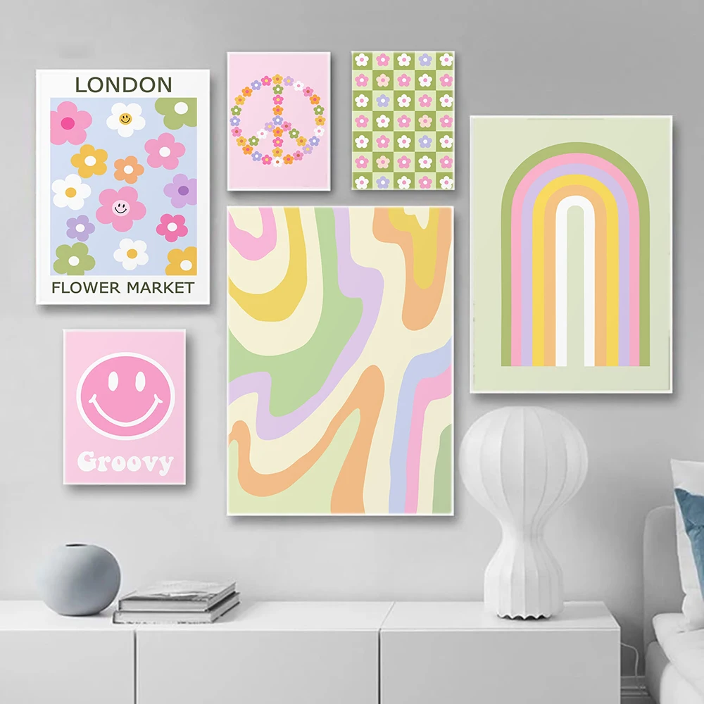 

Happy Hippie Art Print Floral 70s Poster Abstract Artwork Smiley Face Rainbow Pastel Pink Green Danish Nursery Canvas Painting