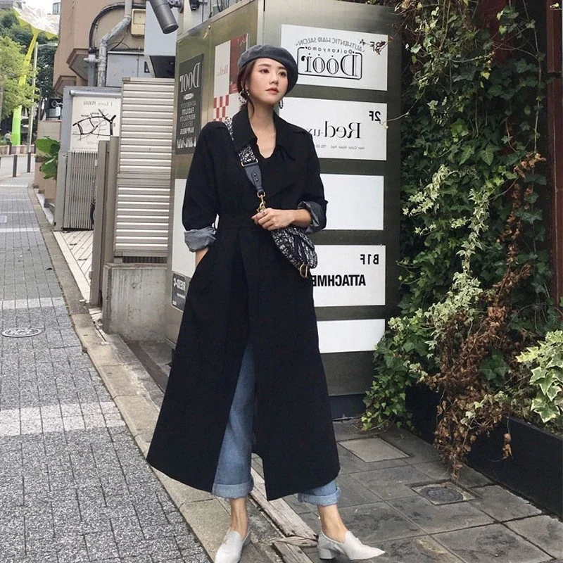 

Spring female trench 2021 coat High Street women clothes Loose Outerwear Woman Worker Streetwear Long windbreaker with belt FY06