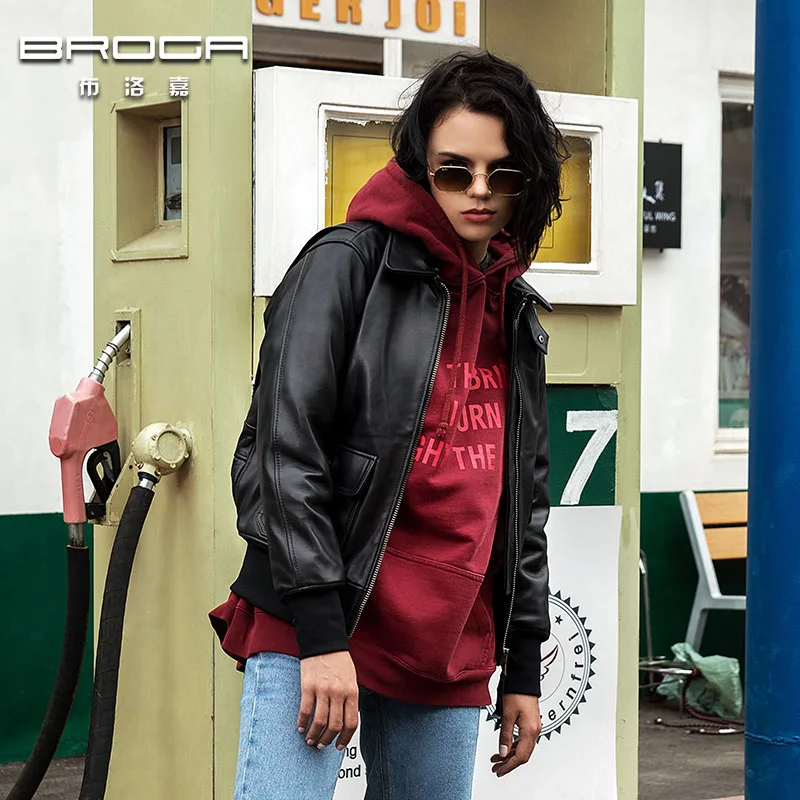 Leather dress women's Sheepskin Haining G1 air force flight suit, jacket, women's long-sleeved Lapel and cotton black winter coa