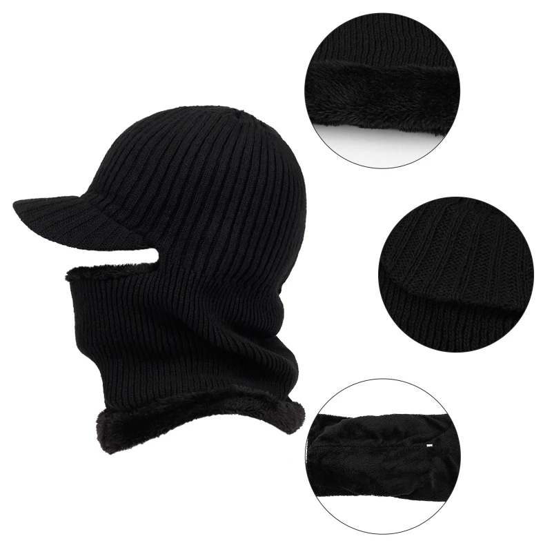 

Men Winter Knitted Balaclava Beanie Hat with Visor Plush Lining Neck Warmer Mask