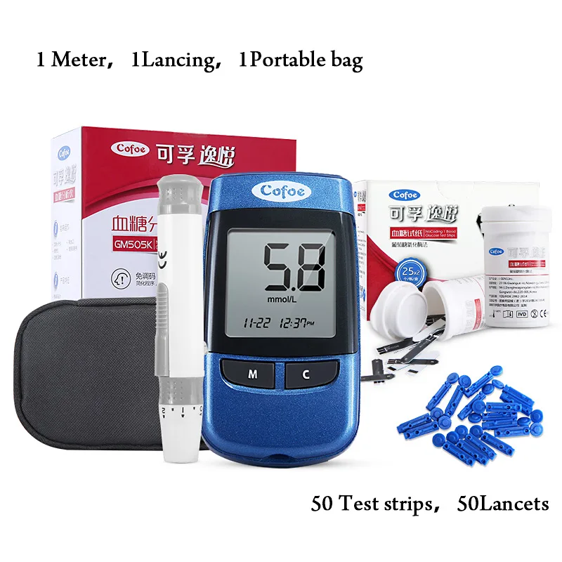 meter with 50 strips Cofoe Yiyue глюкометр медицинский диабет Тесты er, глюкометр для измерения уровня глюкозы в Бесплатный Код прибор для измерения уровня сахара в крови, 50/100 шт Тесты полоски& ланцеты - Цвет: meter with 50 strips