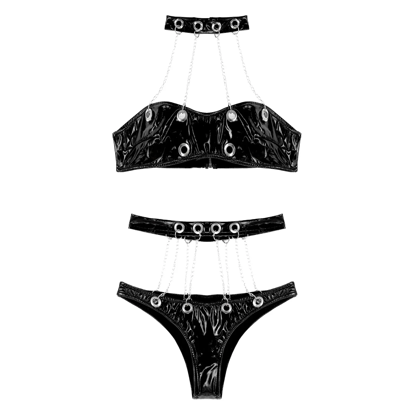

Сексуальный комплект нижнего белья для женщин, блестящие наряды из лакированной кожи, костюм с лямкой через шею, ажурный пикантный короткий топ с металлической цепочкой и трусики