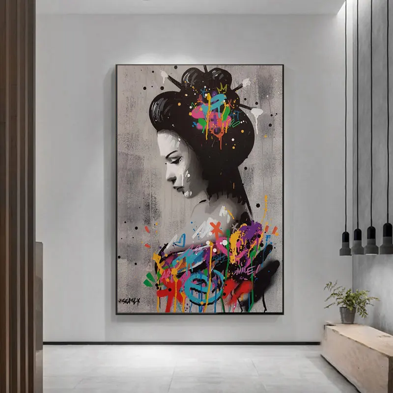 

Japanese Geisha Graffiti Art Canvas Paintings on the Wall Art Posters and Prints Sexy Woman Art Pictures Home Wall Decoration