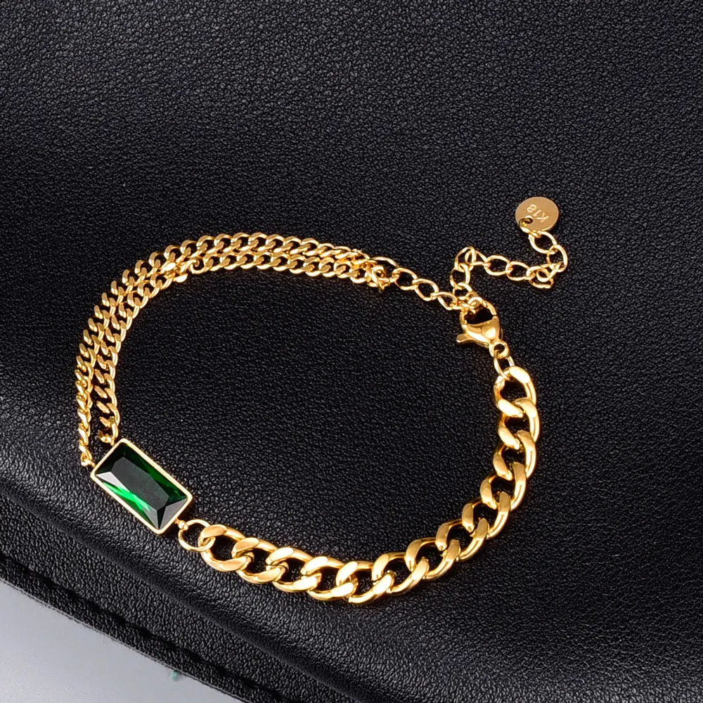 

Amaiyllis 18k Gold Green Bracelet Bangle Micro Pave Green Crystal Rectangle Chain Bracelet For Women Female Bijoux Jewelry