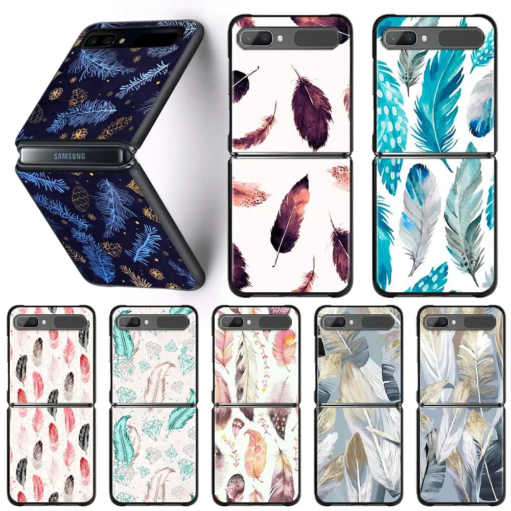 

Black Phone Case For Samsung Galaxy Z Flip3 5G Z Flip Hard PC Cover Smartphone Capa Feathers Pattern