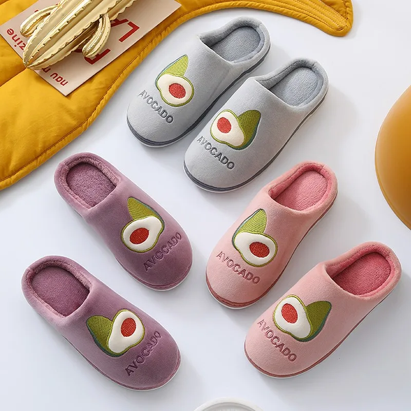

Women Couple Slippers Warm Winter Slipper Cartoon Avocado Home Plush Cotton Shoes Men Couple Bedroom Ladies Girls Fur Slides