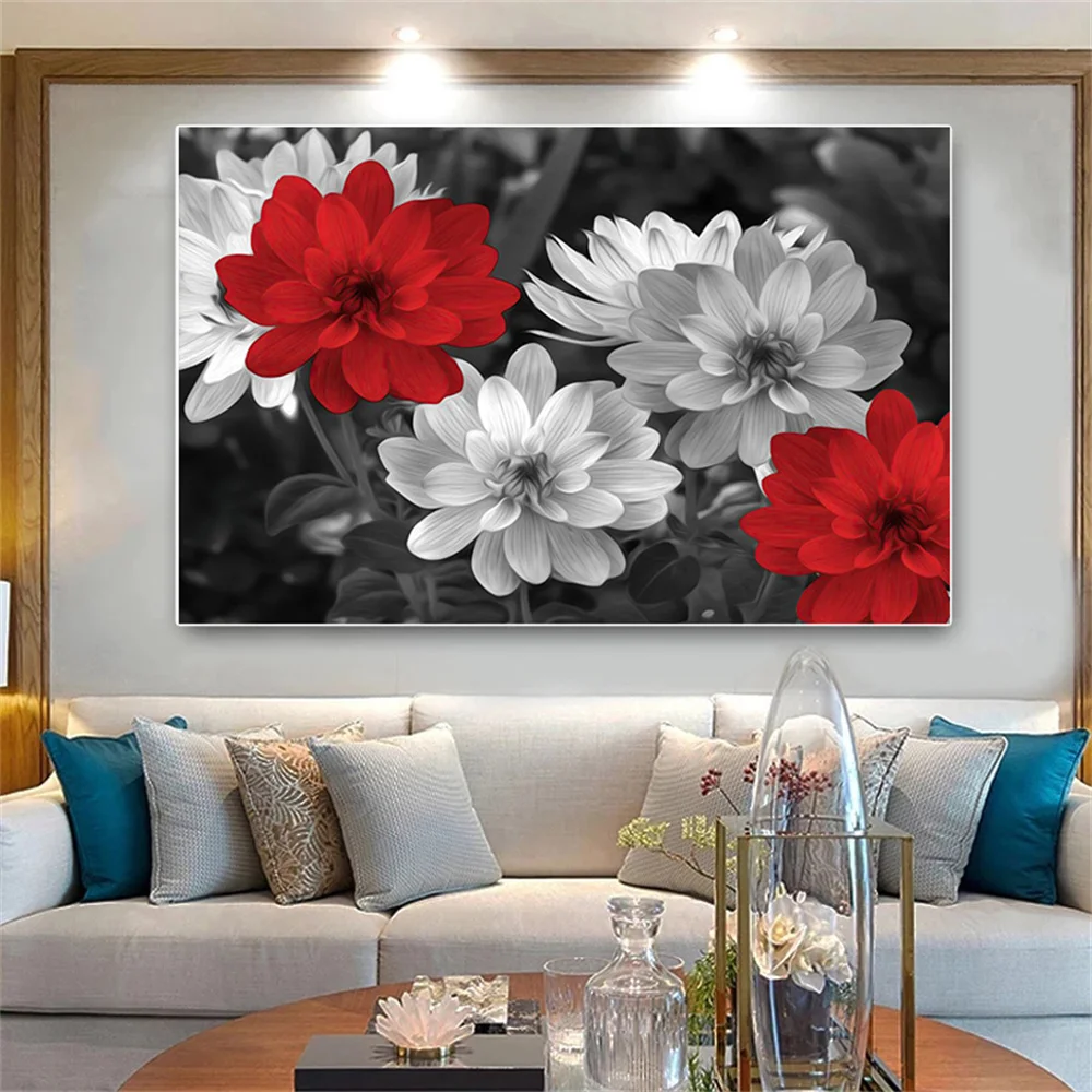 

Modern White red dahlial Art Canvas painting Flowers Poster Wall Art Gift Painting For Living room Bedroom Home Decoration Mural
