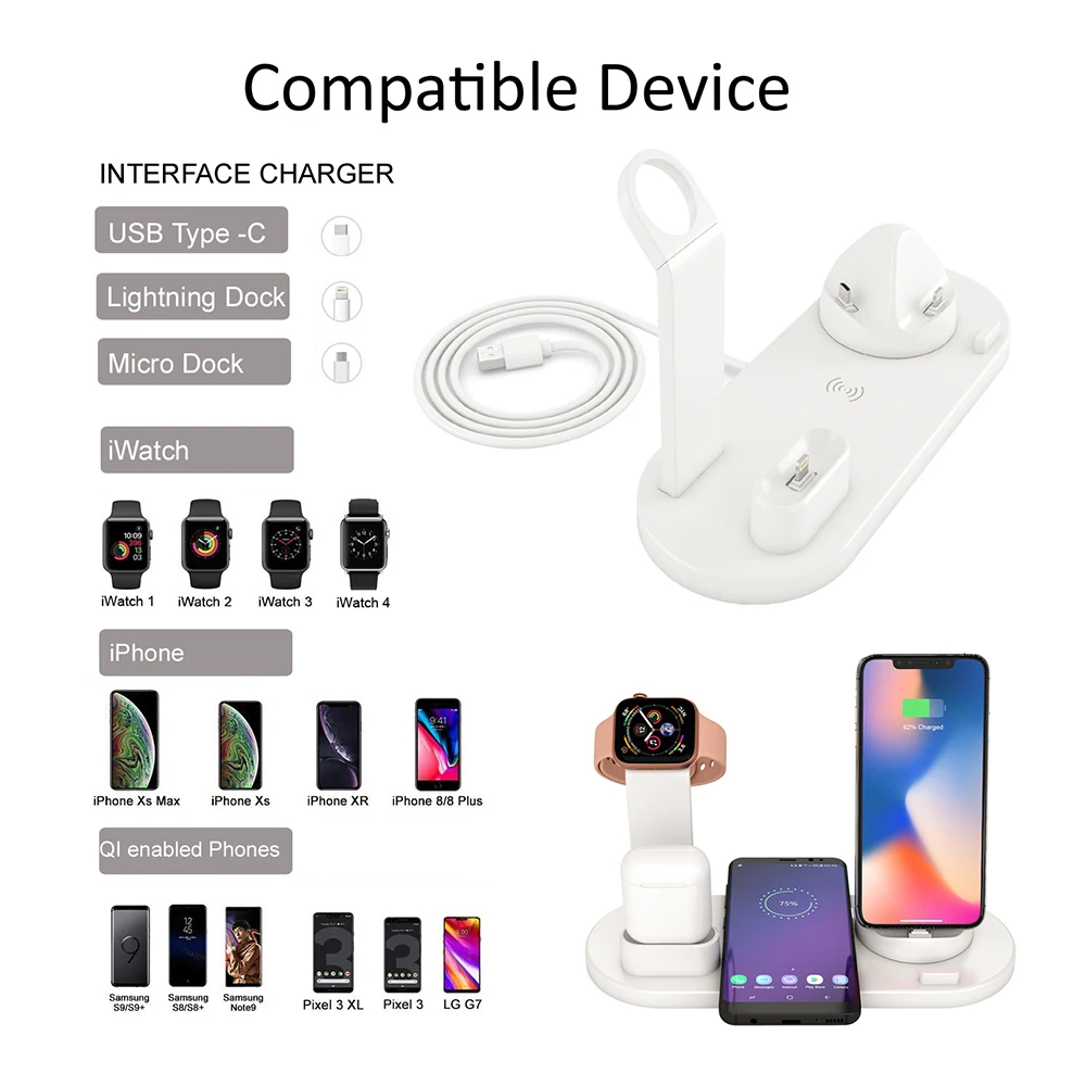 

4 in 1 Wireless Charger Fast Wireless Charger For iPhone 11 12 Pro Charging Station Micro USB Type C For Apple Watch Airpods Pro