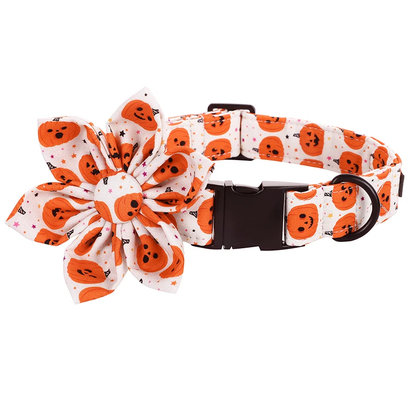 

Unique Style Paws Pumpkim Halloween Dog Collar with Bow Tie Soft Cotton Fabric Collar Metal Buckle Adjustable Pet Accessory