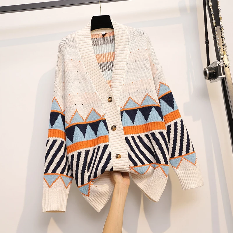 

SuperAen 2021 Winter Plus Size Clothing Fashion Print Slim V Neck Full Single Breasted Knitted Cardigan Jacket Women