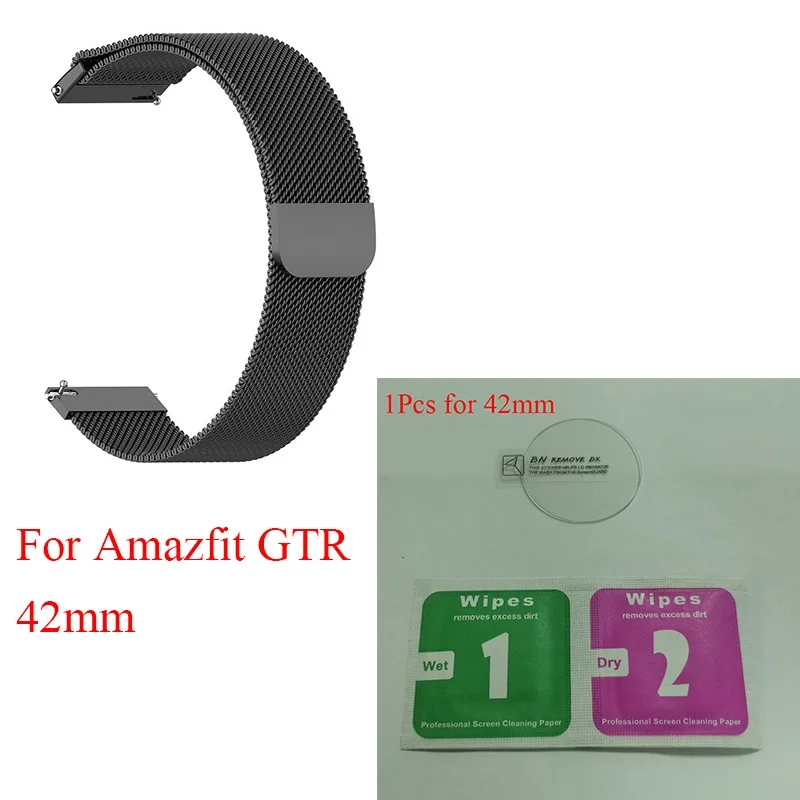 42Black Ksadkvor for Xiaomi Mijia Amazfit GTR 42 47MM Wristband Strap Wrist Metal Milanese Loop Band with Screen Glass Protector Gift - Цвет: 42Black