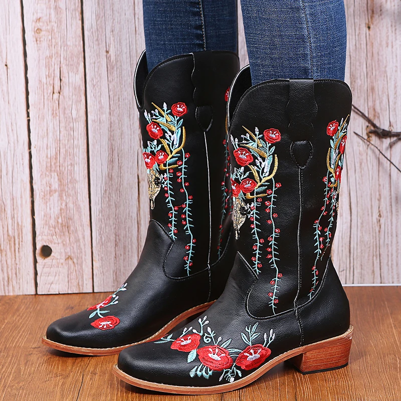 

Woman Boots New Cowboy Embroidery Mid-Calf Wedge PU Leather Mid Heels Pointed Toe Vintage Casual Women Boot Fashion Punk Style