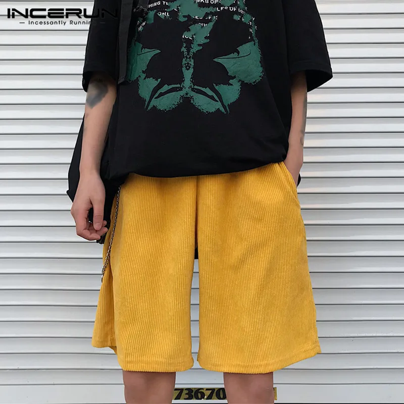 

INCERUN Men Corduroy Shorts Solid Color Elastic Waist Pockets Joggers Casual Men Bottoms 2021 Leisure Streetwear Shorts S-3XL