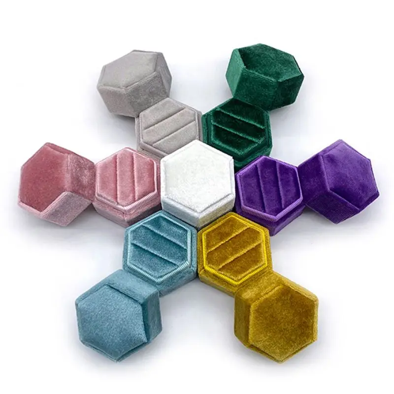

Velvet Double Ring Box Hexagon Wedding Ceremony Ring Box with Detachable Lid Y3NE