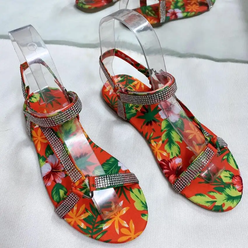 

2020 Women Flat Sandals Summer Beach Sandals Handmade Rhinestone Open Toe Rome Slippers Plus Sieze 36-41