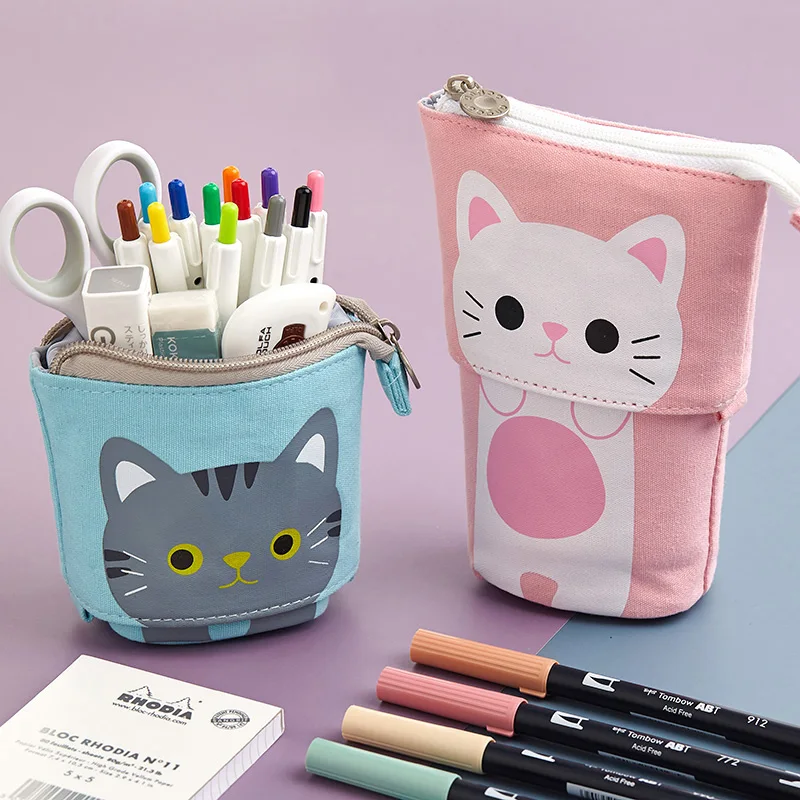 

1pc Pencil Bag Case Cartoon Cute Cat Bear Sheep Canvas Fold Standing Holder Stationery Organizer Kids Kawaii Gift A6445