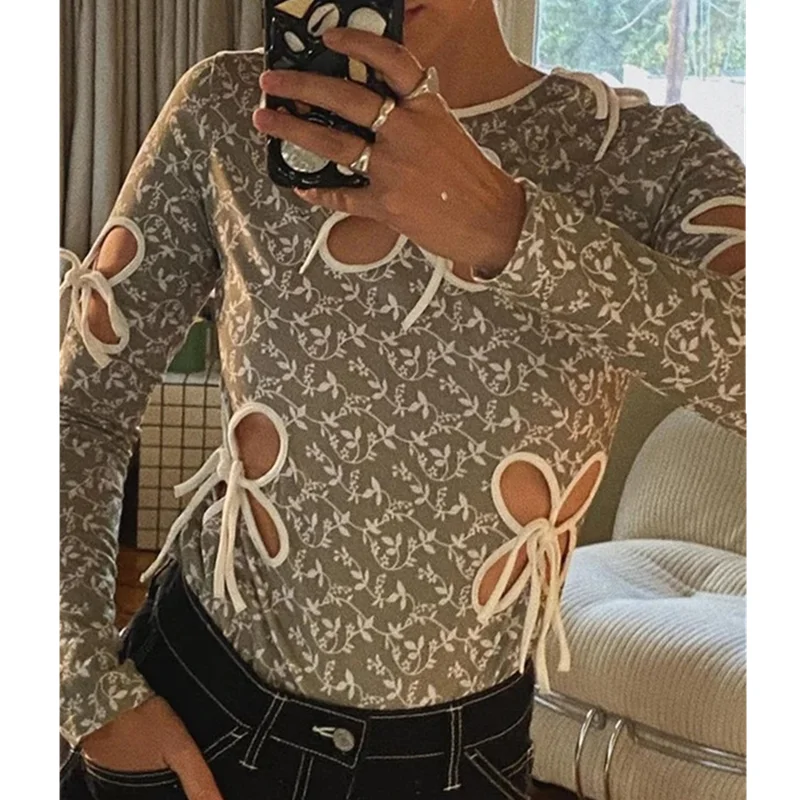 

Fashion European and American Spring Flower Print Bowknot Hollow Tight Long Sleeve Women's T-shirt
