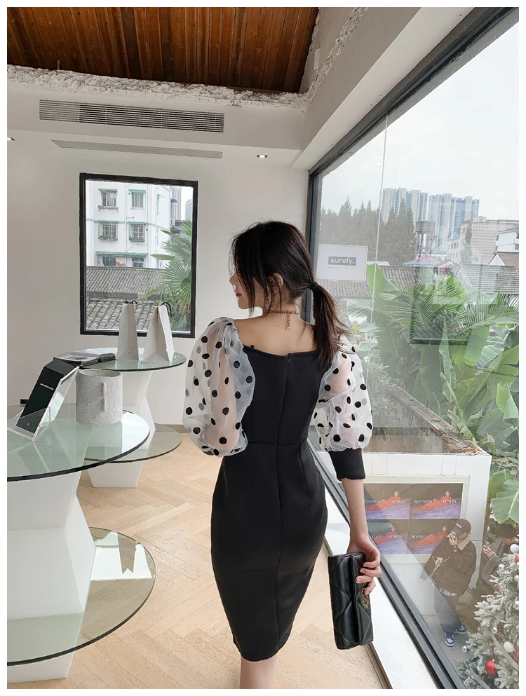 

Retro Hepburn Style Black Dress Women Fashion Puff Sleeve Dot Mesh Stitching Hip Dress Split Temperament Slimming Evening Dress