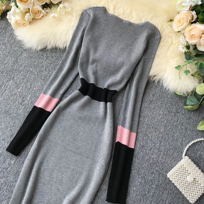 ALPHALMODA осеннее Новое винтажное вязаное платье женское цветное Элегантное зимнее платье с длинными рукавами вязаное платье-футляр