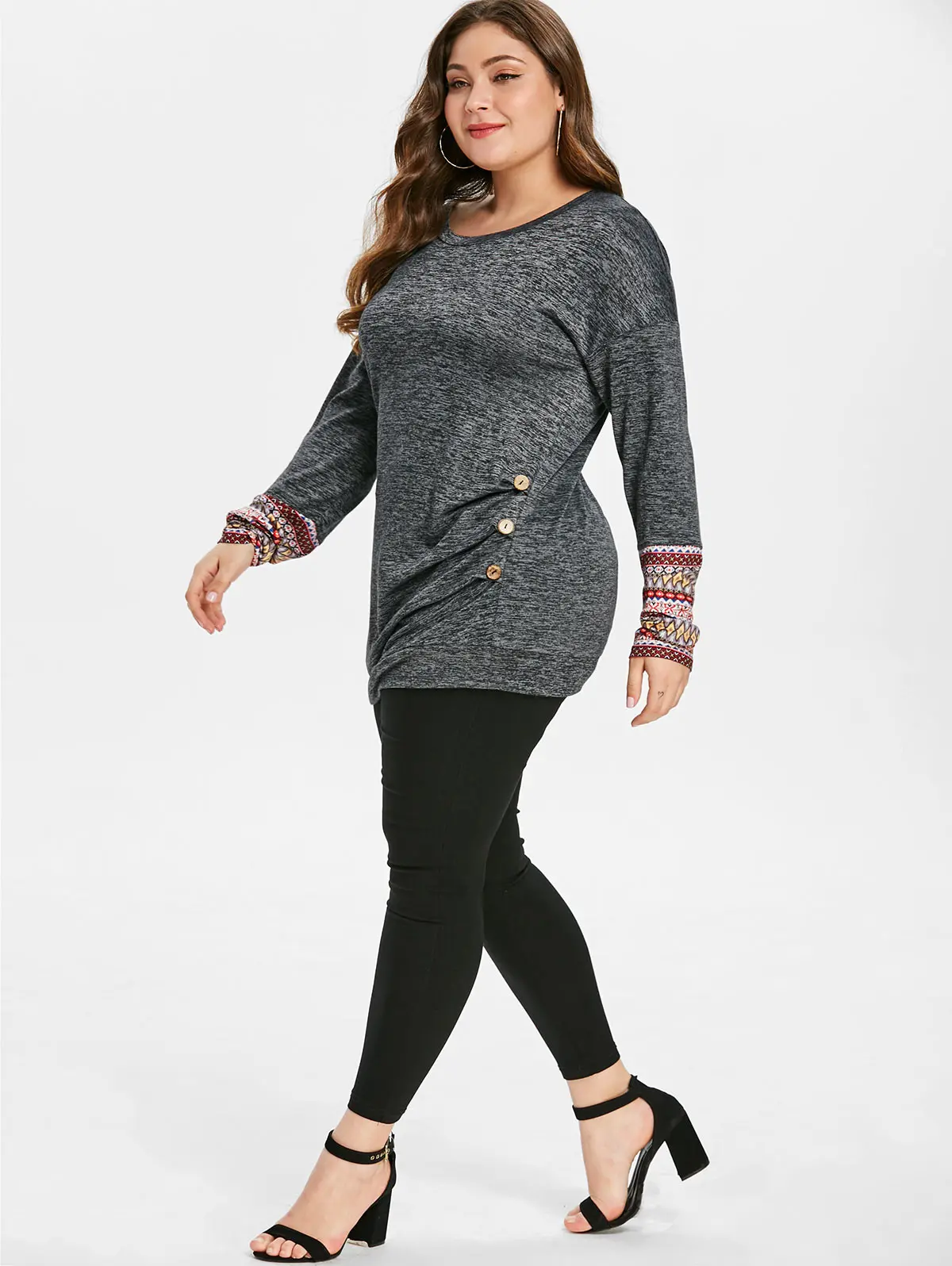 Большие размеры с принтом манжеты серая футболка длинными рукавами круглый