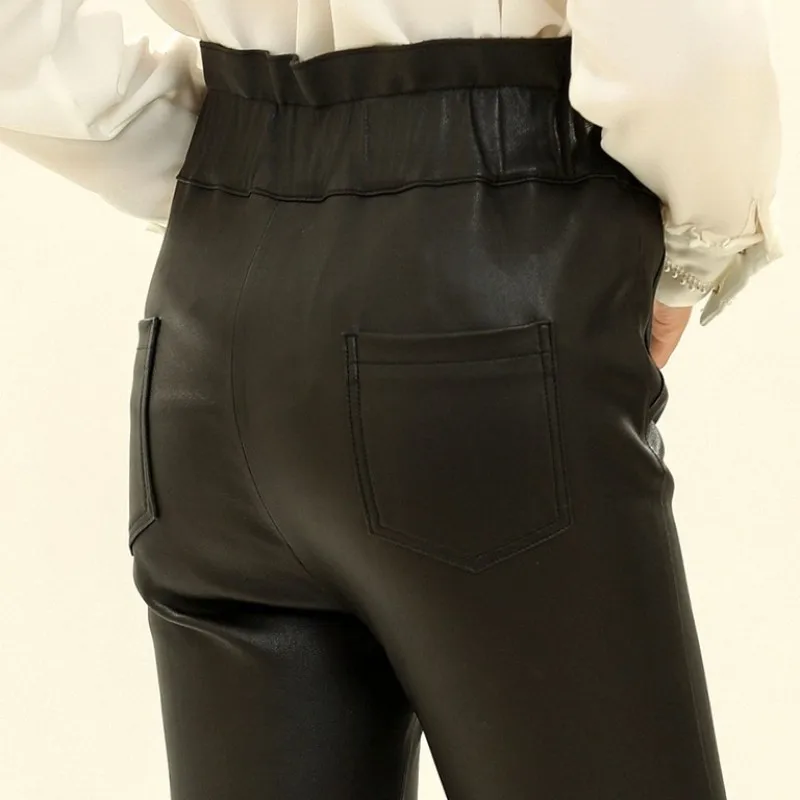 

Ladies Trousers Fashion High Waist Elastic Genuine Leather Pants High Quality 100% Real Sheepskin Women Sexy Skinny Pencil Pants