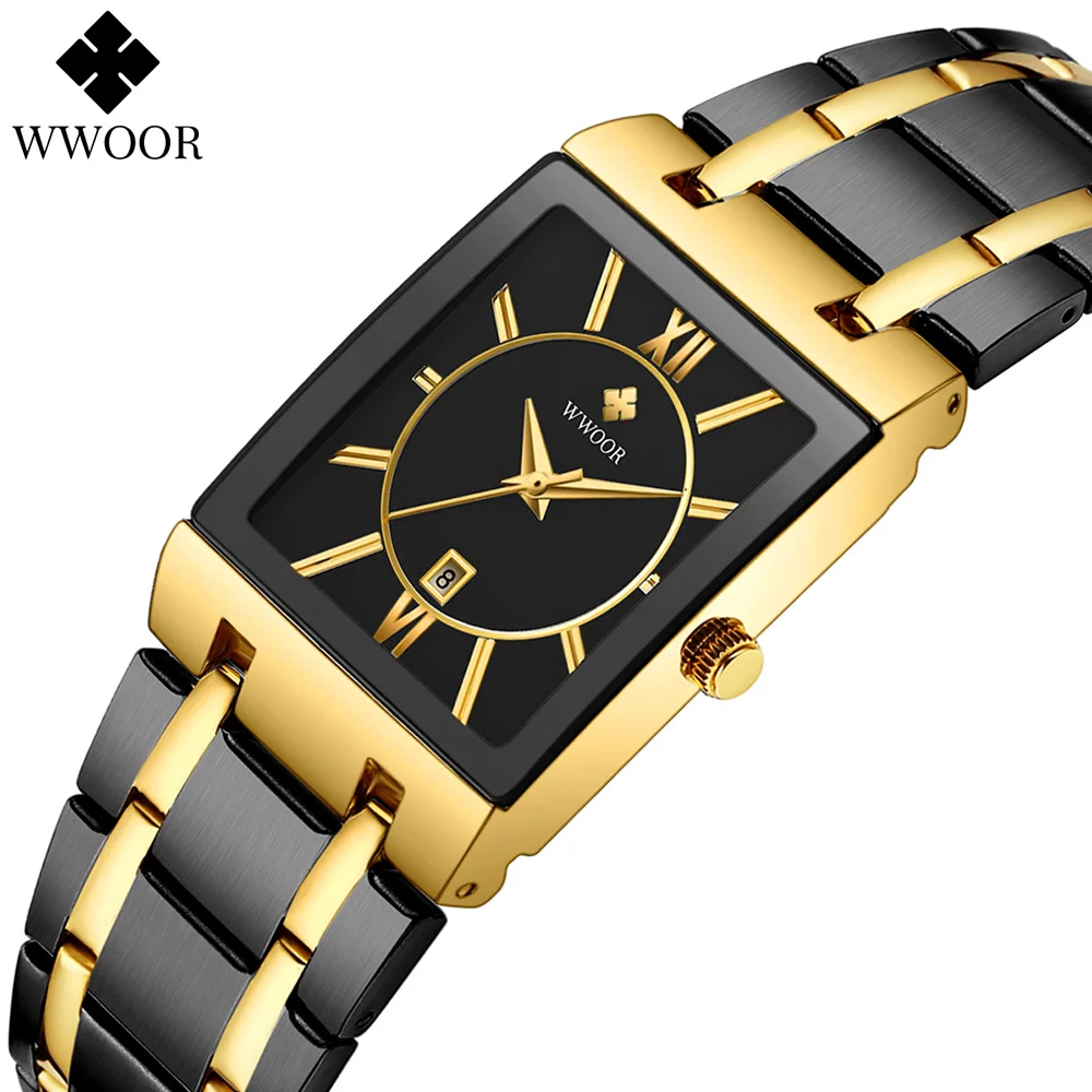 New Men Watch 2021 Relogio WWOOR Fashion Square Quartz Wrist Watches Men Gold Stainless Steel Waterproof Date Clock Reloj Hombre