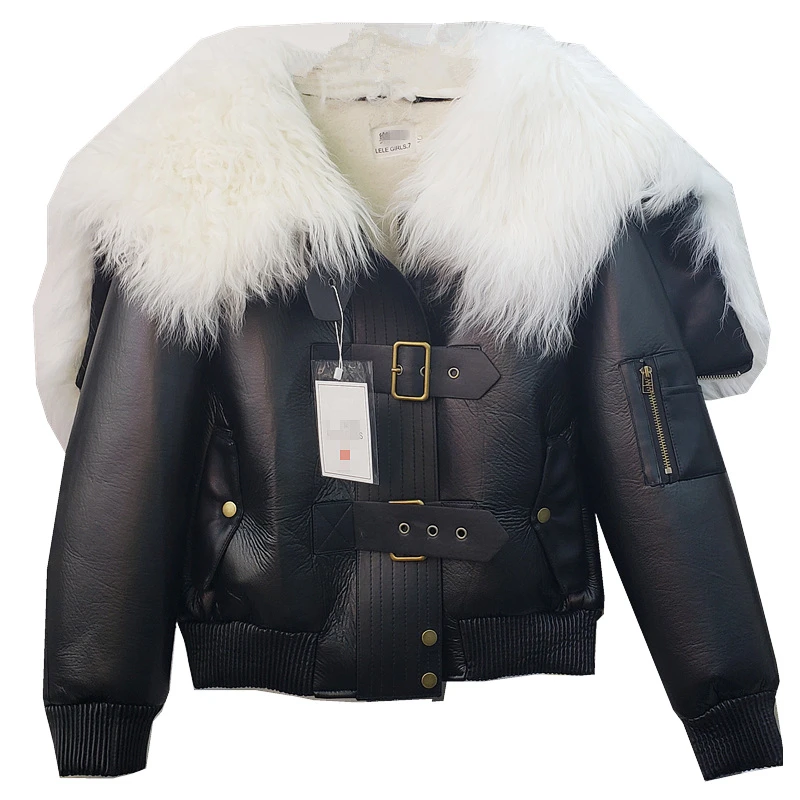 

2021 Winter Faux Sheepskin Wool Fur Coat Women's Short Plus Velvet Inside Jacket Pu Leather Large Lapel Motorcycle Jackets Femme