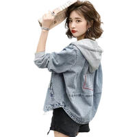 spring autumn women denim jacket fashion letter embroidery hooded long sleeve jeans coat woman casual loose zipper jeans jacket