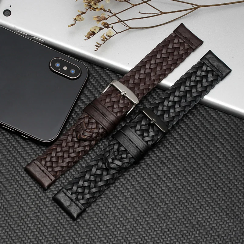 Ремешок плетеный кожаный для Samsung Galaxy Watch 4 3 Classic браслет Active 2 40 мм 44 41 мм/45 мм/42 мм/46