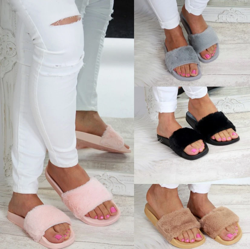 Тапки женские без застежки меховые шлепанцы плоская подошва домашние тапочки