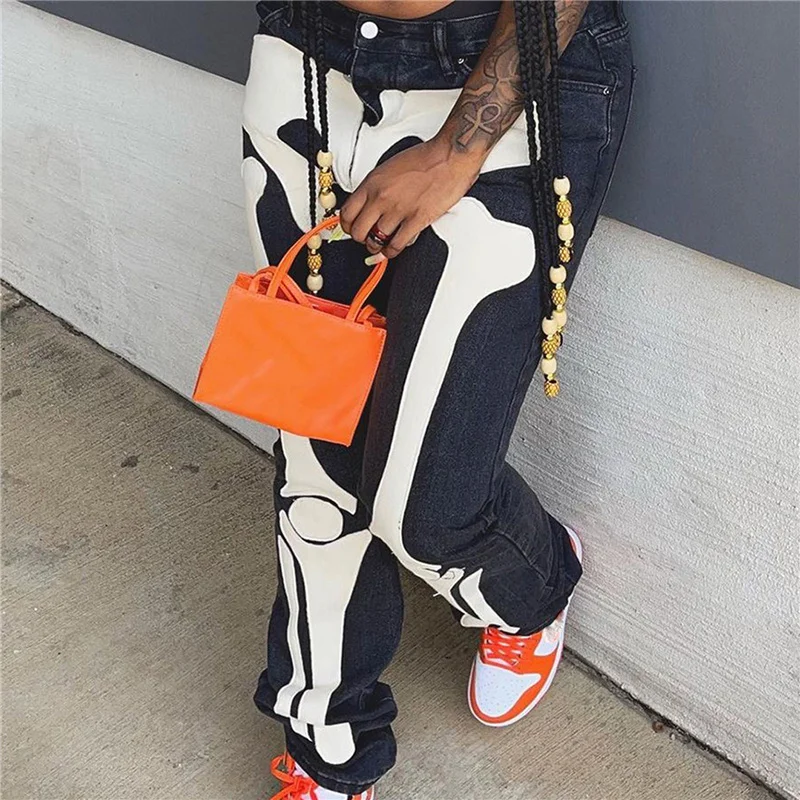 

Women Halloween Jeans, Black Skeleton Printed Pattern Mid-waist Trousers, S/ M/ L/XL