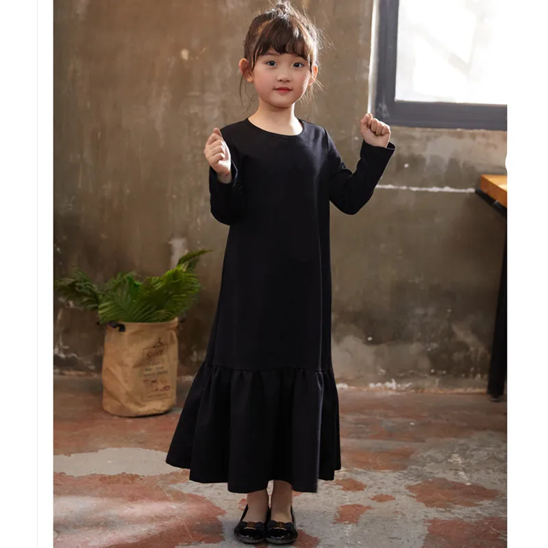 3 to 16 years kids &amp teenager girls long sleeve solid black flare casual maxi dress child fashion fall autumn | Детская одежда и