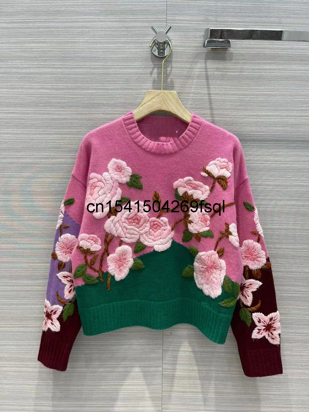 

Женский кашемировый свитер, элегантный классический вязаный пуловер с цветочной вышивкой, роскошная дизайнерская уличная одежда, осень-зи...