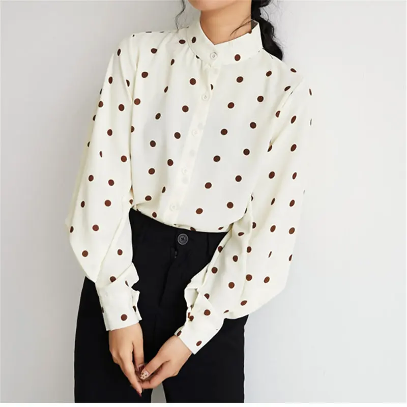 

HziriP Autumn Chic Chiffon Stand Plus Size Polka Dots Lantern-Sleeved Fashion Women Streetwear Office Ladies All-Match Shirts
