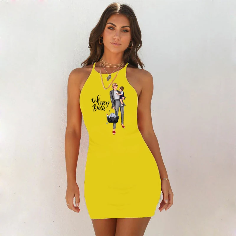 

Mini Dresses Sexy Bodycon Dresses Vintage Mother Child Prin Vest Short Beach Party Dress Club Vestidos Robe Casual Streetwear