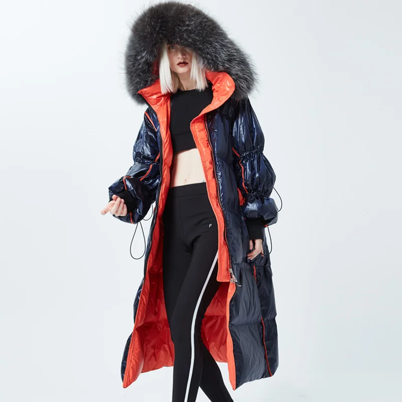 Женский длинный пуховик с капюшоном зимняя парка на 2020 натуральном меху енота