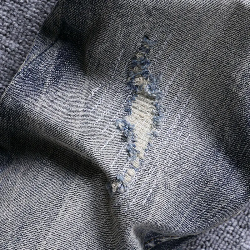 European Vintage Fashion Men Jeans Retro Blue Elastic Slim Fit Ripped Jeans Men Distressed Patchwork Designer Casual Denim Pants