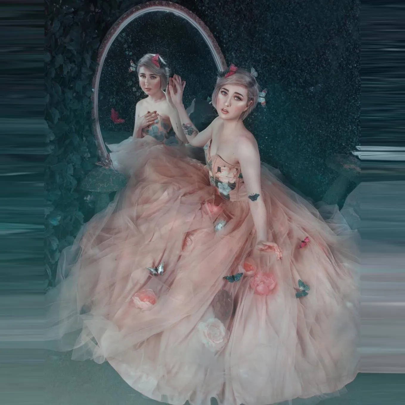 

Champagne O-Neck Prom Dress See-Through Strap A-Line Evening Dresses Flowered Dress With Floral Print Tulle Dress For Women