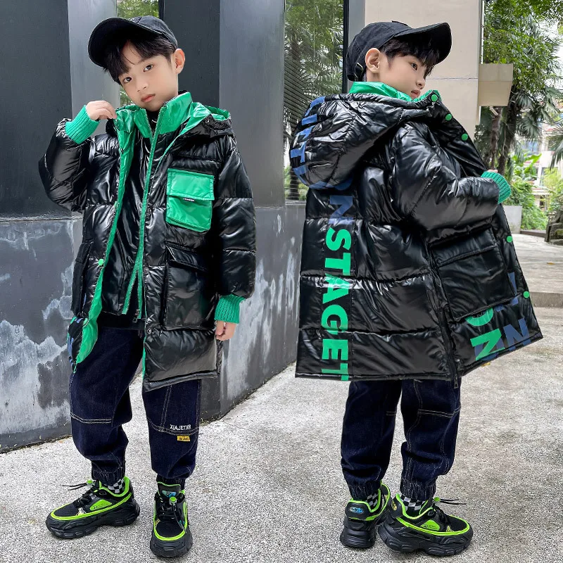 Children Thick Warm Clothes Boy Handsome Contrast Color Windproof Wadded Jacket Teen Kids Mid-length Hooded Puffer Coat Outwear
