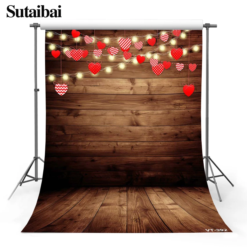 Rustic Wooden Wall Wedding Photography Backdrops Red Love Heart Bridal Shower Decor Lover Portrait Backgrounds for Photo Studio