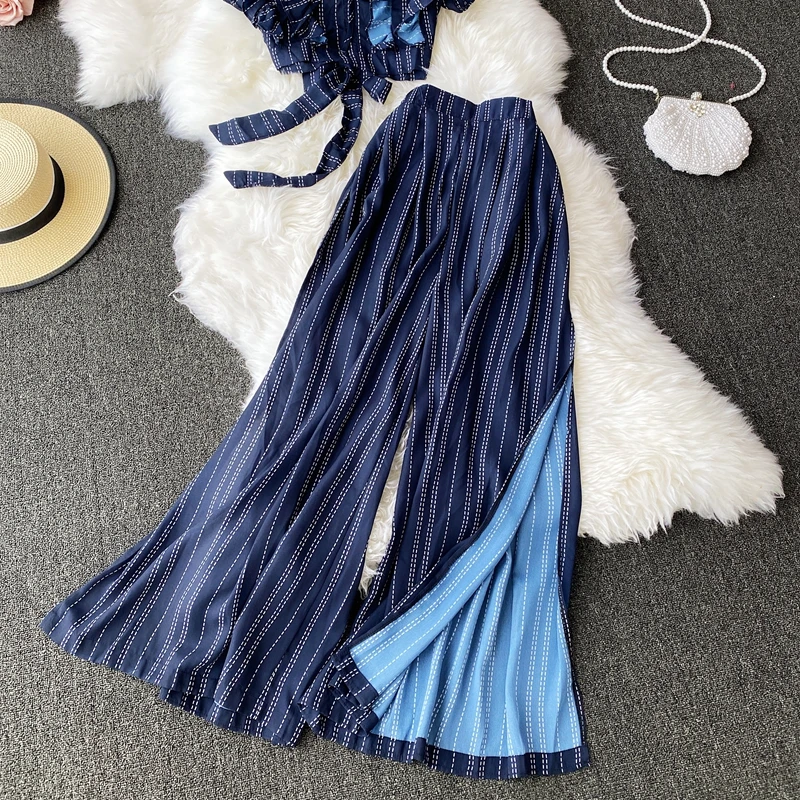 

Short Tops + High Waist Split Wide Leg Pants Female Suit Vintage Blue Striped Two Piece Set Women Sexy V-Neck Ruffle