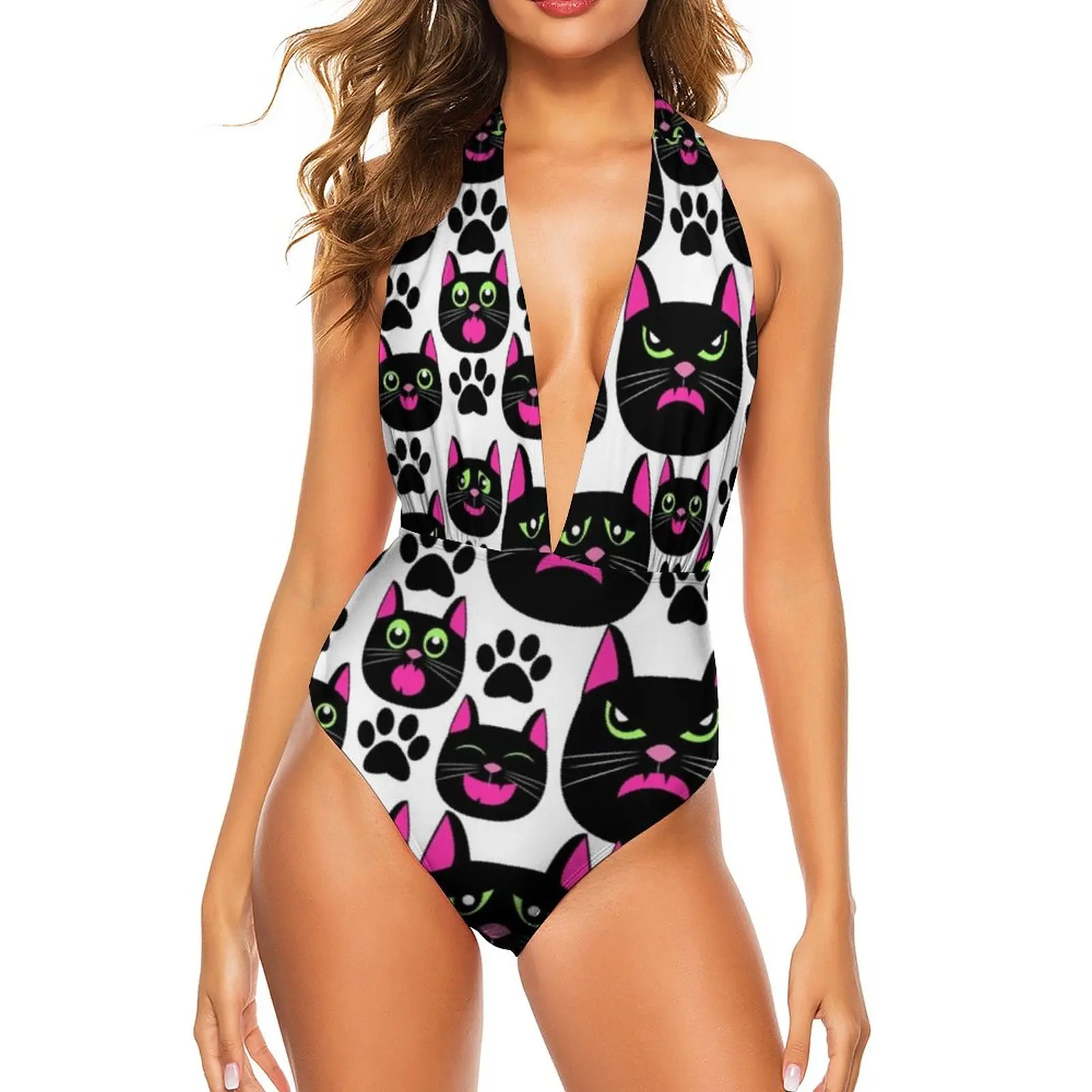 

Funny Cat Swimsuit High Leg Kawaii Sport Swimwear Youth Wholesale 1-Piece Bathing Suit