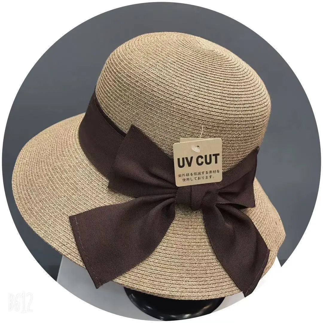 

Japanese summer ladies Korean sun shade straw hat sunscreen fisherman hat bowknot foldable basin hat outdoor beach hat