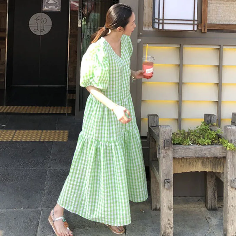 

2021 Korean Chic Sweet Fresh V Neck Puff Short Sleeve Green Plaid Dress Women Long Loose Doll Girls Vestido De Mujer Clothing