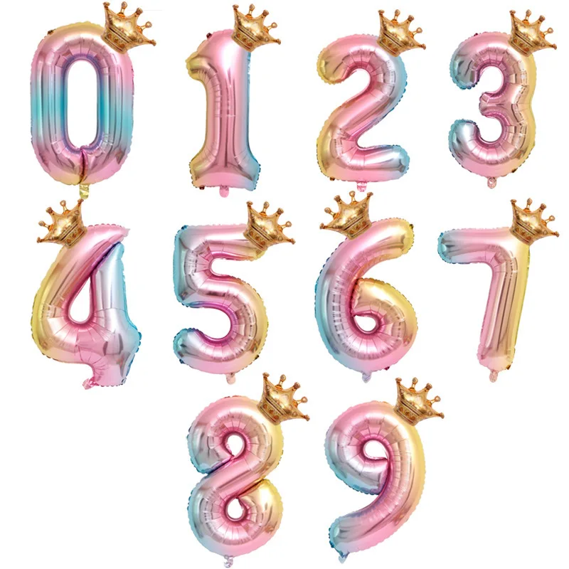 

32-дюймовые красочные цифры, фольгированные радужные шары, детские мальчики и девочки, корона, шар на день рождения, детский праздник, декора...