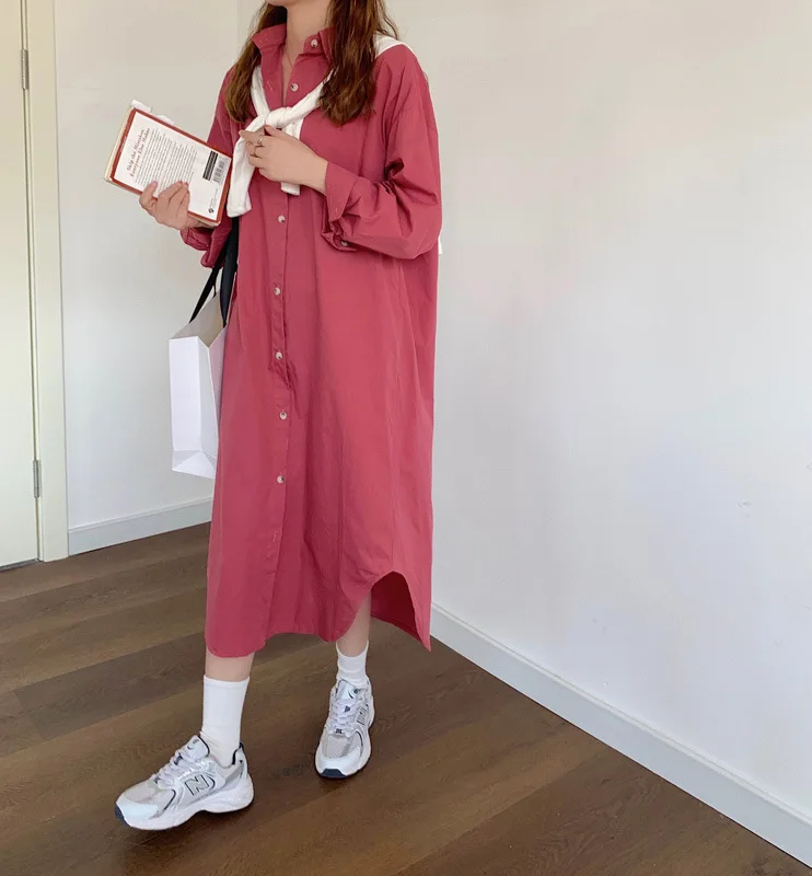

Small fresh shirt dress women's 2021 new Korean lazy loose pocket button solid color dress long sleeve