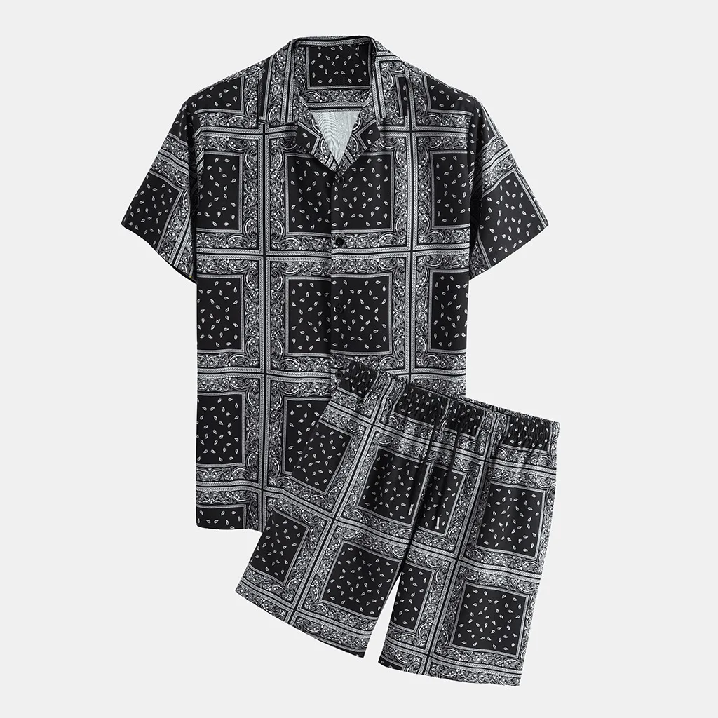 

Casual Short-sleeved Cardigan Suit Youth Printing Lapel Loose Short-sleeved Shirt Shorts 2 Piece Set Men Clothing Set