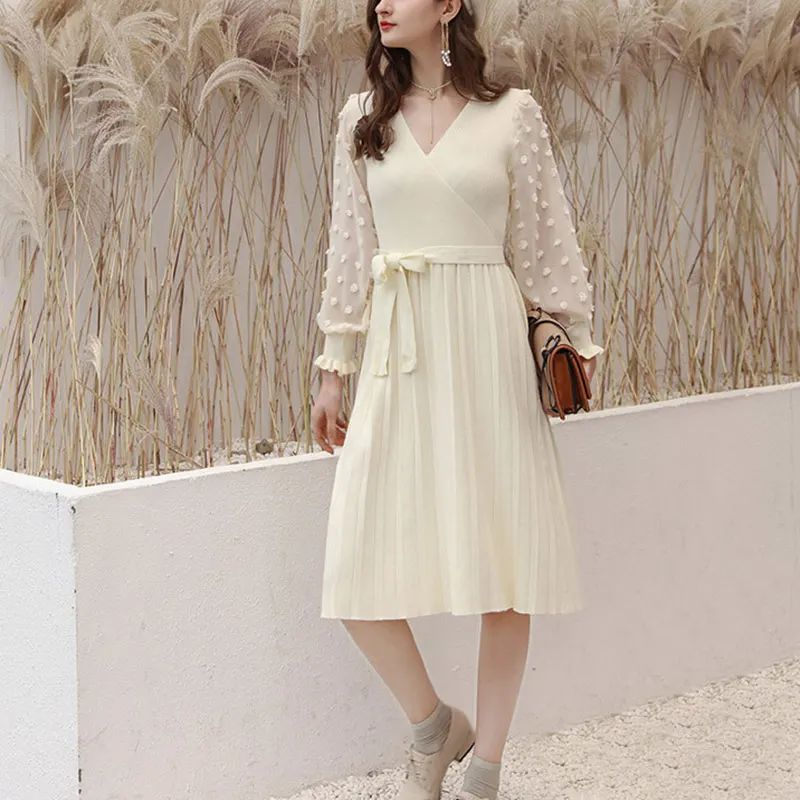 Новая мода женское шифоновое платье миди с длинным рукавом-фонариком глубокий